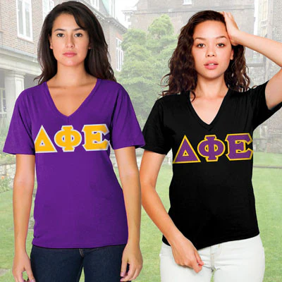 Delta Phi Epsilon V-Neck Shirt, Vertical Letters, 2-Pack Bundle Deal - TWILL